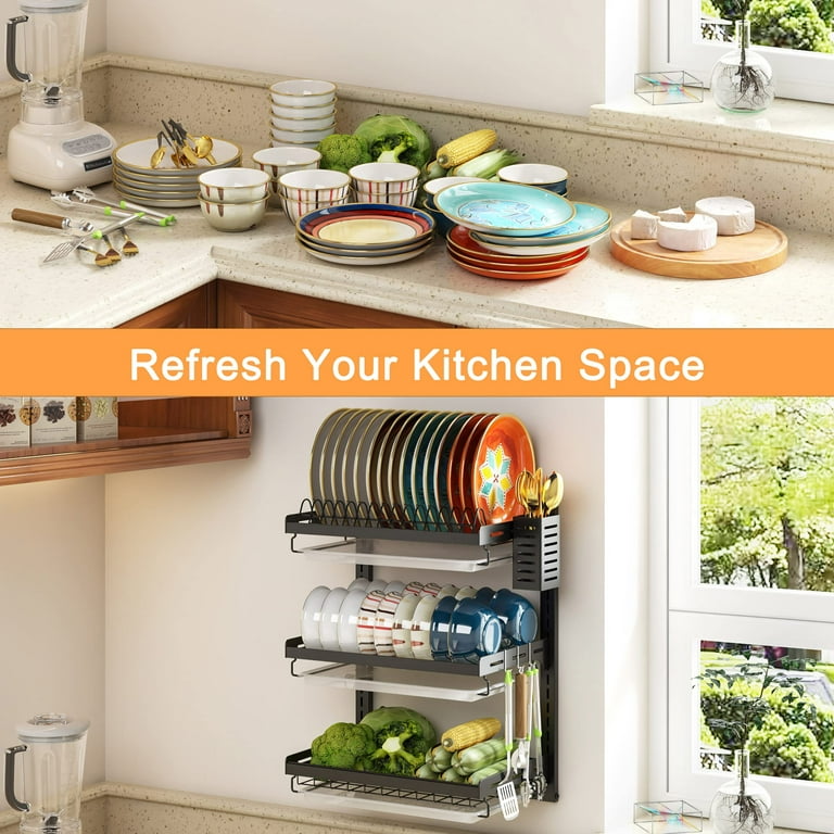 Kitchen Dish Rack Hanging Drying Organizer Storage Shelf 2/3 Tier Wall Mount  Bowl Holder with Drain Tray 304 Stainless Steel - AliExpress