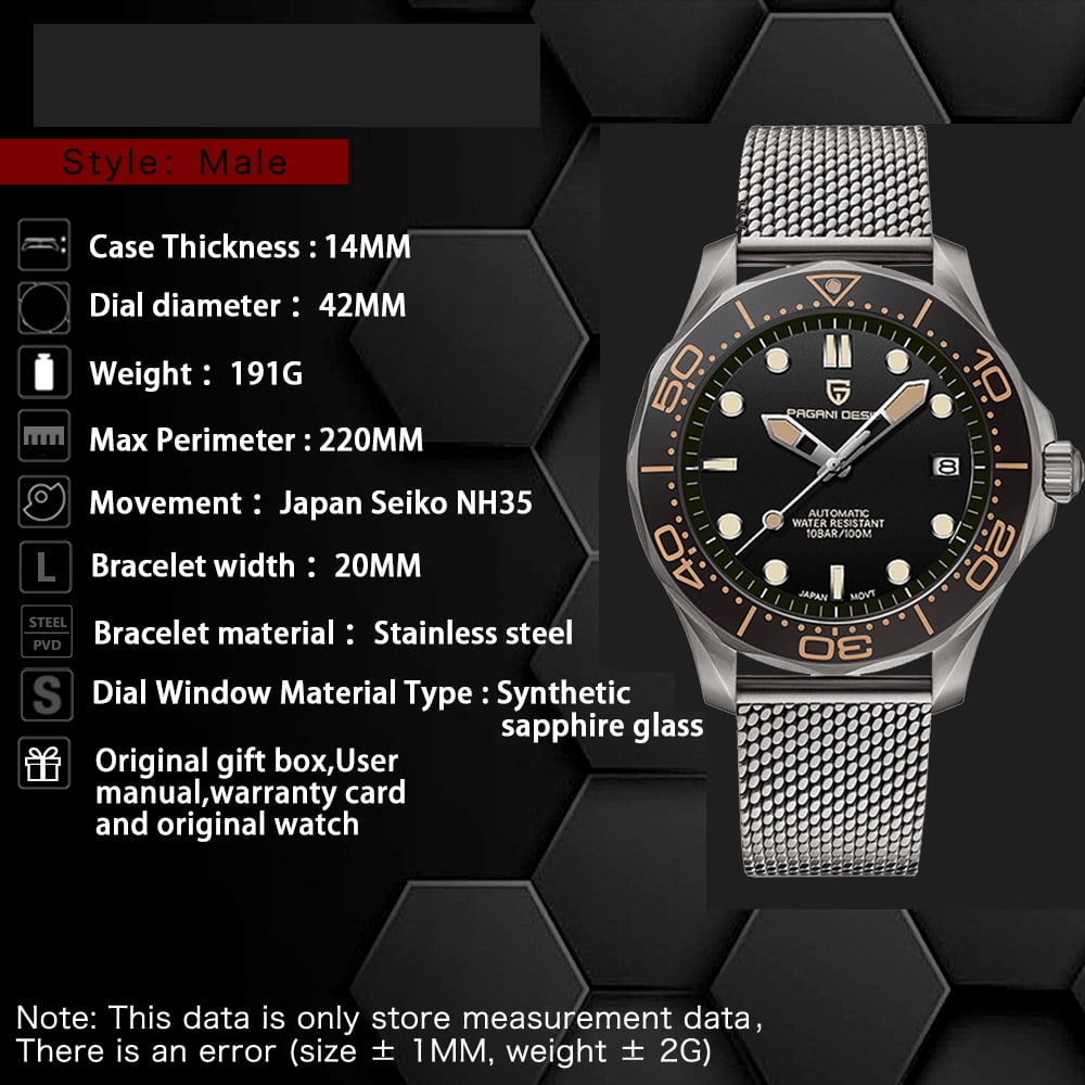 PAGANI DESIGN Men's Watches full Automatic Mechanical Sports Wrist Watch for Men Stainless Steel Mesh Watchband 100M Waterproof Ceramic Bezel PD1667