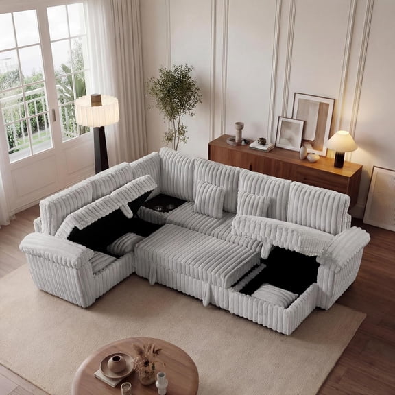 Howcool Modular Sectional Sleeper Sofa with Pull-Out Bed, U-Shaped Convertible 7-Seat Cloud Couch with Storage Chaise & USB Port Corner Coffee Table, Plush Corduroy Sectional for Living Room, Grey