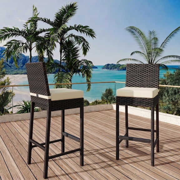 Garvee Outdoor Wicker Barstools Set of 2, Rattan Patio Bar Stools for Backyard, Beige