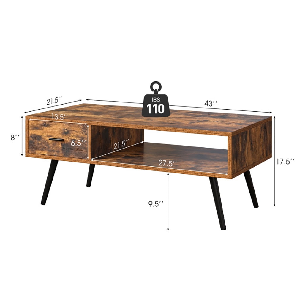 Finihen Rectangular Coffee Table, Retro Rectangular Coffee Table with Drawer and Storage Shelf, for Living Room, Reception Room, Office, Rustic Brown Finihen Rectangular Coffee Table, Retro Rectangular Coffee Table with Drawer and Storage Shelf, for Living Room, Reception Room, Office, Rustic Brown