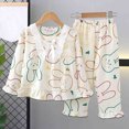 thumbnail image 2 of Odeerbi 2-12 Years Kids Girls Summer Cotton Pajamas Lace Peter Pan Collar Long Sleeve Tops Pants Set Soft Loungewear Rabbit Print Sleepwear Two-piece Pajama Set Kids Girls Clothes, 2 of 3