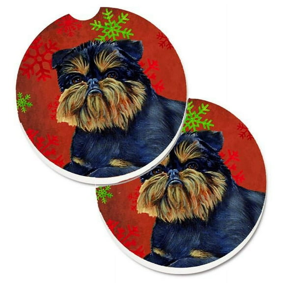 Brussels Griffon Red & Green Snowflakes Holiday Christmas Set of 2 Cup Holder Car Coaster
