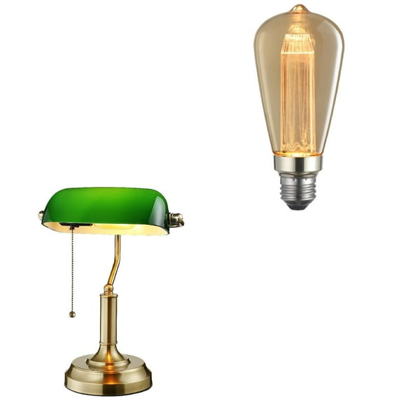TORCHSTAR Green Glass Bankers Desk Lamp, E26 Base, Vintage Desk Lamp Bundle LED Vintage Edison Bulbs 3W, ST64 LED Light Bulb Dimmable, Antique Decorat