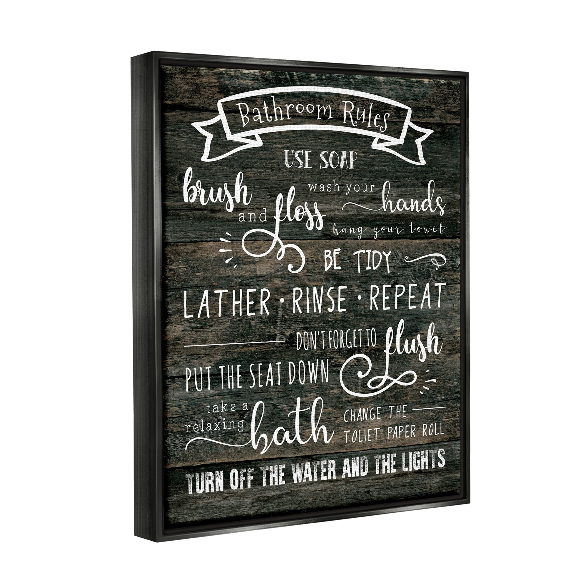 Stupell Industries Rustic Bathroom Rules Sign Good Hygiene List Jet Black Framed Floating Canvas Wall Art, 16x20, by CAD