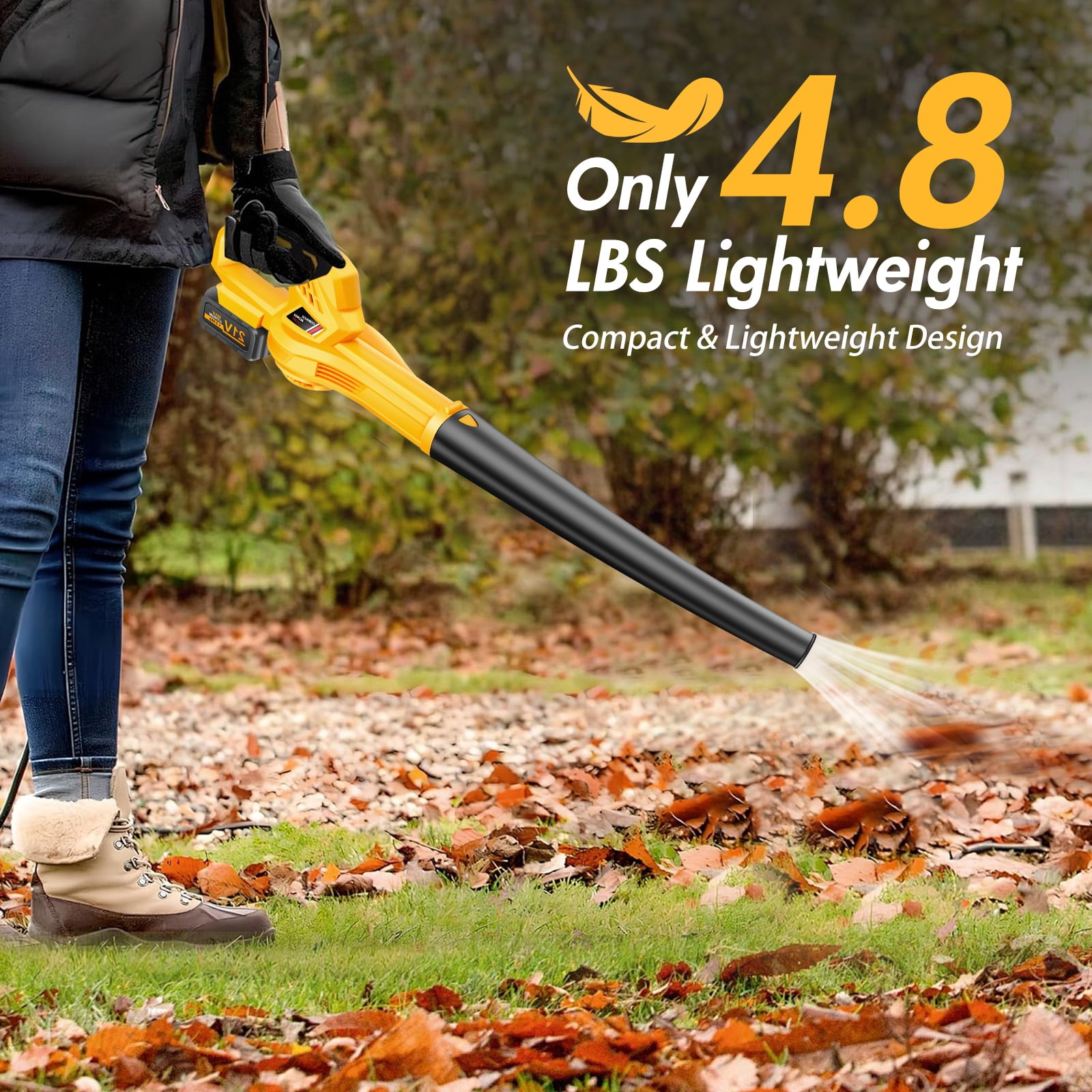 Cordless Leaf Blower, 21V Leaf Blower with 1 Battery, 6-Speed Leaf Blowers for Lawn Care, Patio, Blowing Leaves, Yellow
