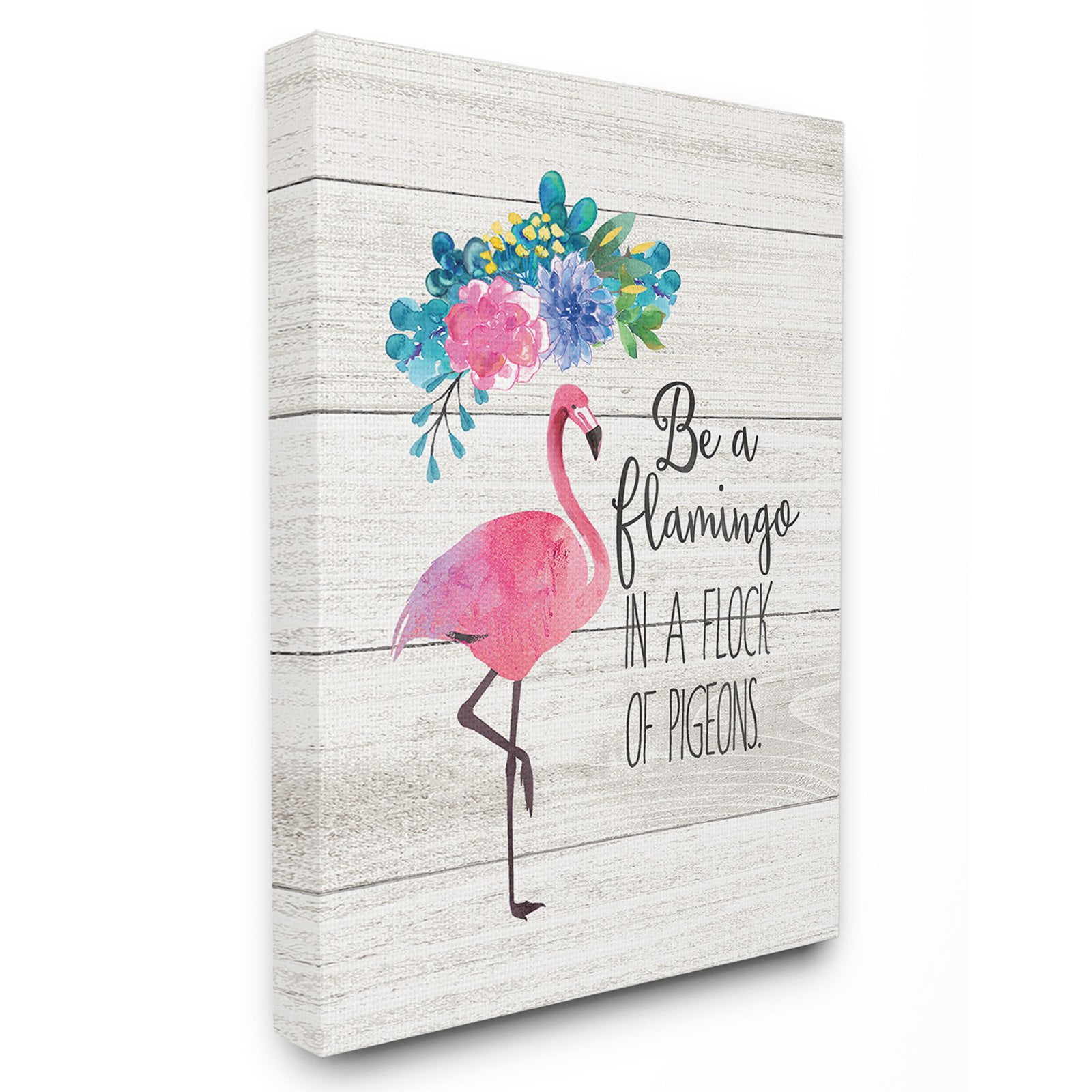 The Stupell Home Decor Collection Be A Flamingo Floral Watercolor on White Planks Framed Giclee Texturized Art, 11 x 1.5 x 14
