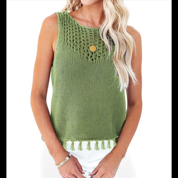 Suéter de Punto de Verano para Mujer, Camiseta Sin Mangas con Cuello Redondo de Crochet, Blusa Informal Sin Mangas con Aberturas Verde M