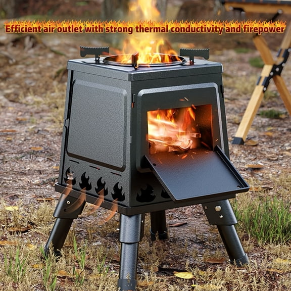 Portable Wood Burning Camp Stove - Heavy-Duty Outdoor Campfire Stove with Sturdy Legs & Air Vents, Firewood/Bonfire Compatible for Hiking, Backpacking, Picnic, BBQ, Travel