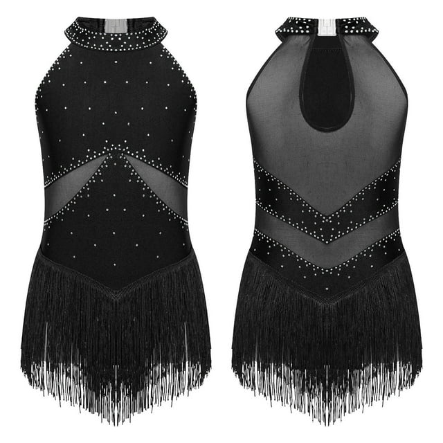 Lejafay Robe à Franges Latine pour Filles, Sequins, Franges, Justaucorps de Gymnastique, Costume de Danse Moderne, Noir 16