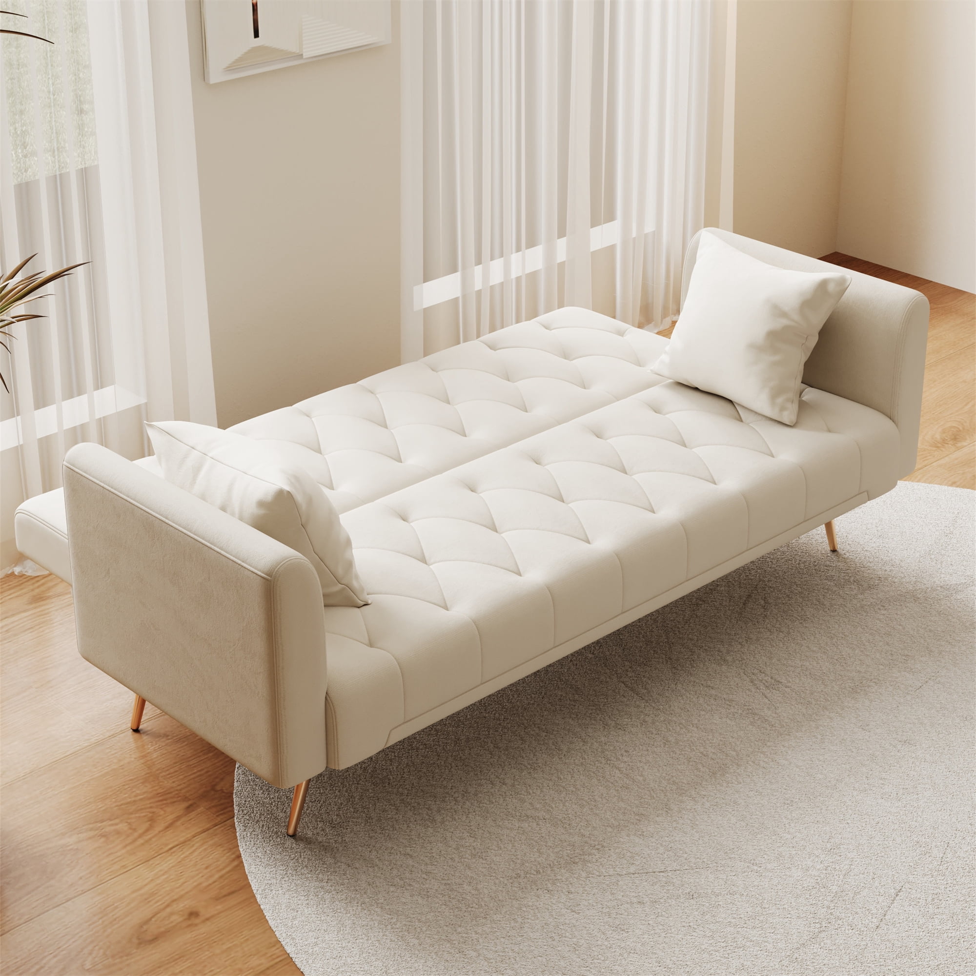 Aukfa Curved Arm Futon Convertible Sofa Bed for Home Office, 2 Pillows, Tufted Back, Velvet, Beige