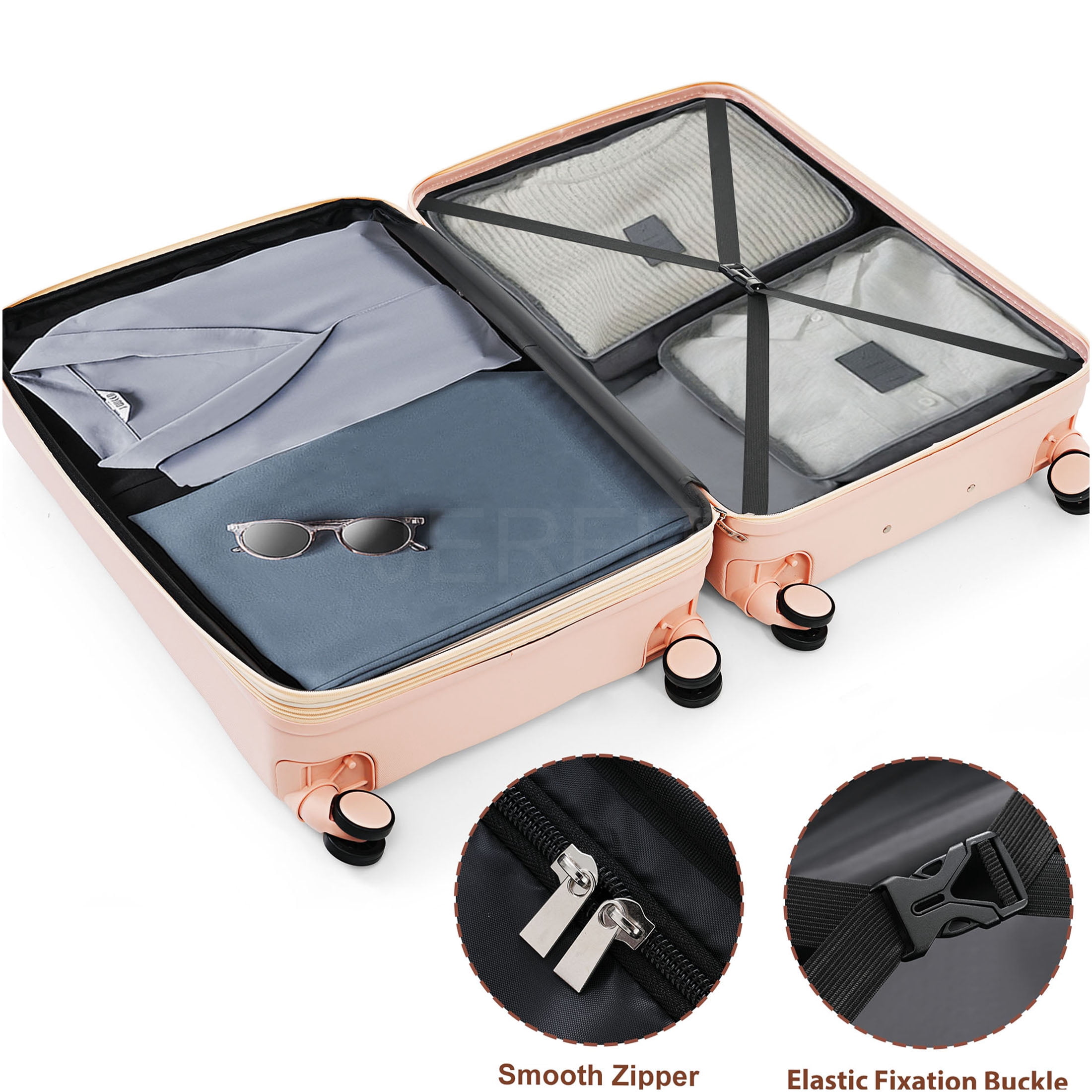 JERFIT 3-Piece Pink ABS Hard Shell Spinner Luggage Set with Cup Holder, TSA Lock & Scratch-Resistant Textured Finish