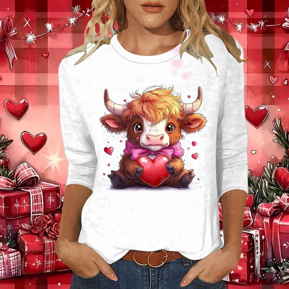 Xdegoge Valentines Tops for Women Crew Neck 3/4 Sleeve Pullover Cute Playful Prints Top Lightweight Cozy Plus Size Pullovers