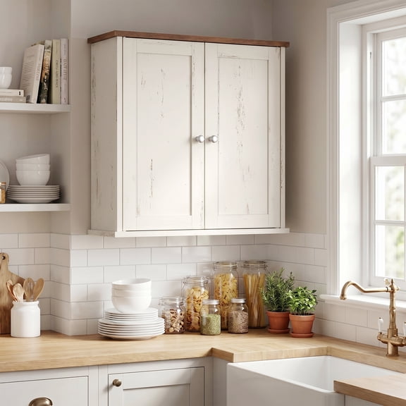 LEDREM Wall Mounted Bathroom Storage Cabinet with 2 Doors and Open Shelf, 22 x 7.9 x 23.6 inches, White
