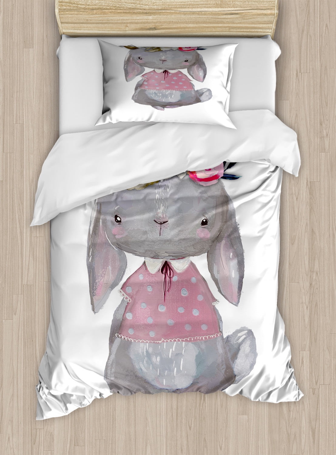 Kids Twin Size Duvet Cover Set Young Girl Summer Hare In Oil