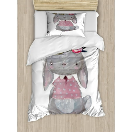 Kids Twin Size Duvet Cover Set Young Girl Summer Hare In Oil