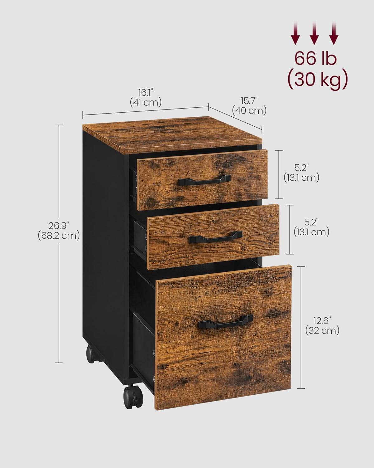 File Cabinet, 3 Drawers Filing Cabinet for Home Office, with Wheels, for A4, Letter Sized Documents, Hanging File Folders