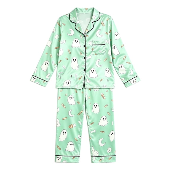 CONZONE Halloween Girls Pajamas Set Little Girls Printed Long Sleeve Button Down Tops and Pants Hallowmas Sleepwear Cozy 2 Piece Pjs Set for Girls Size 5-6 Years
