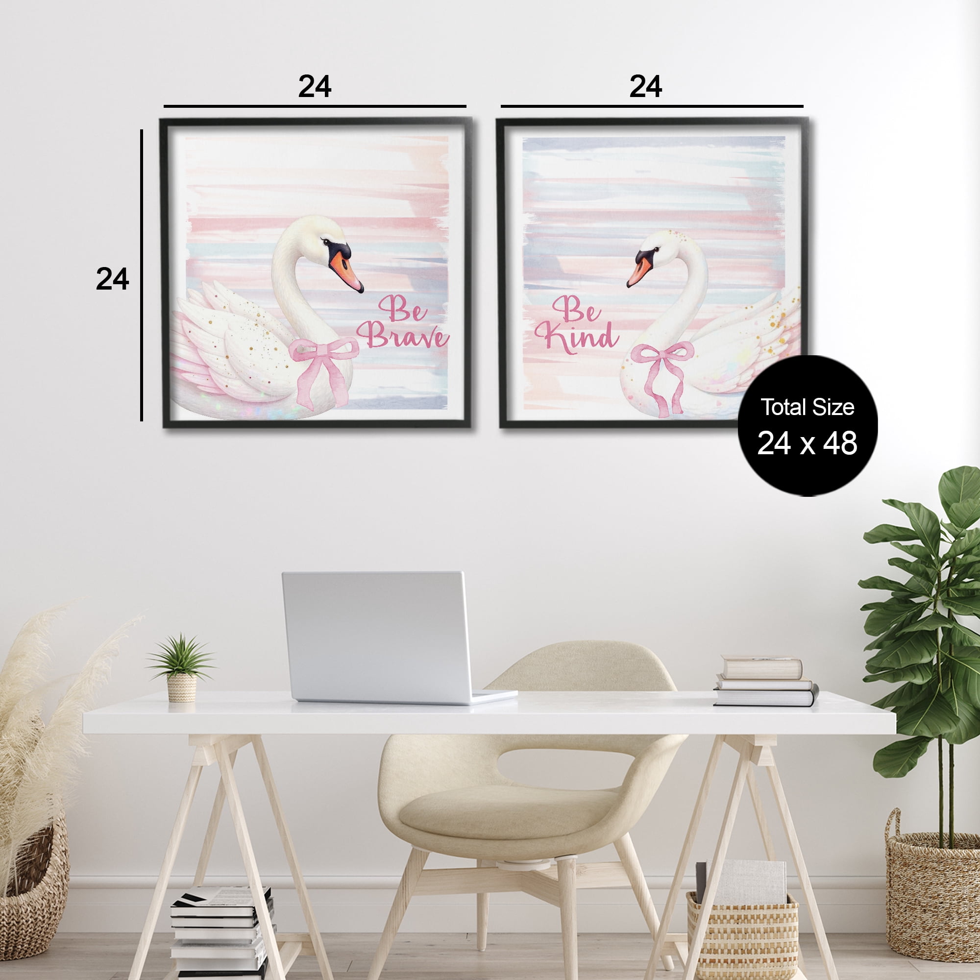 Be Brave & Kind Pastel Swan 2 Piece Black Framed Giclee Art Set, design by Kim Allen