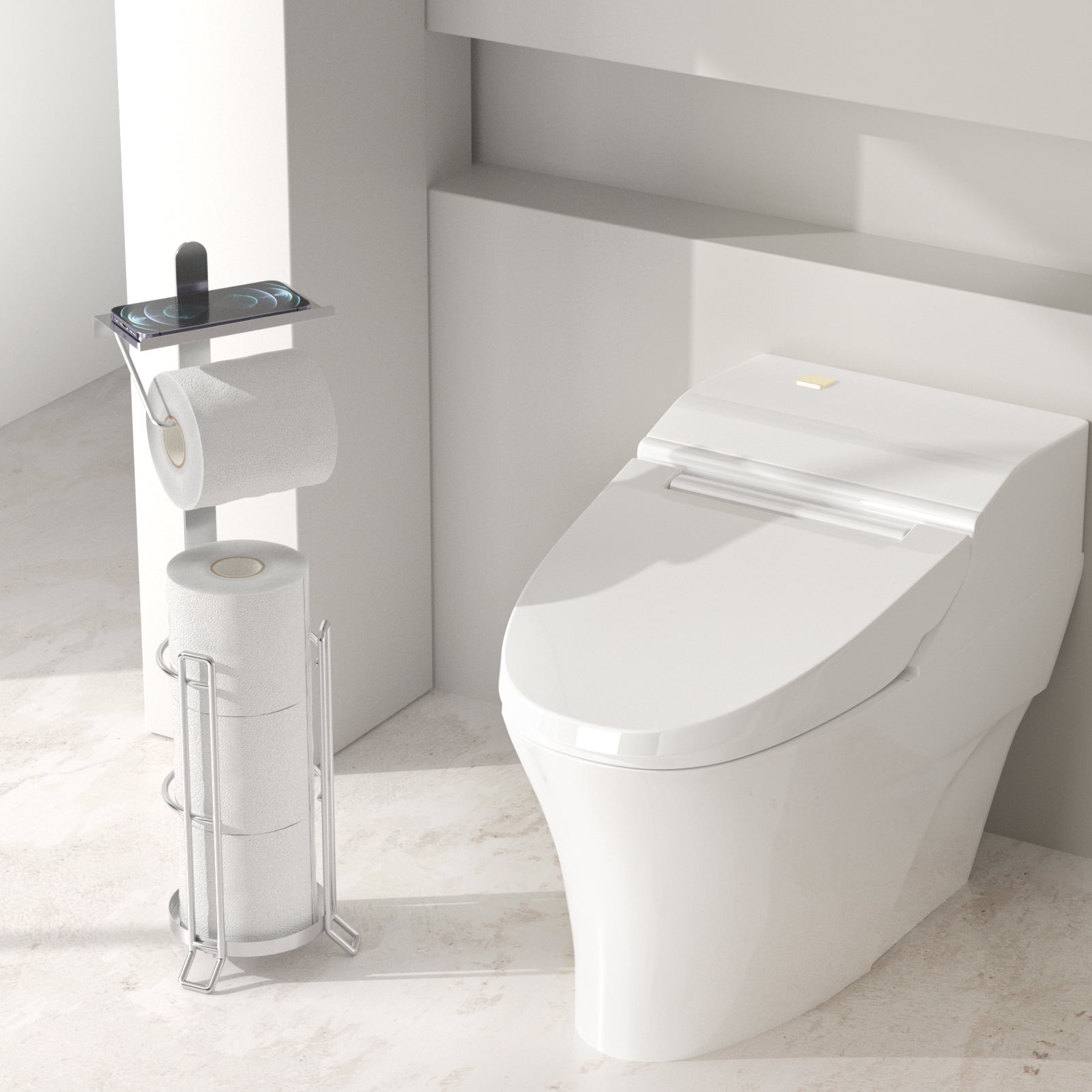 KASUNTO Toilet Paper Holder Free Standing, Toilet Paper Stand Storage with Reserve and Shelf, (Polished Chrome)