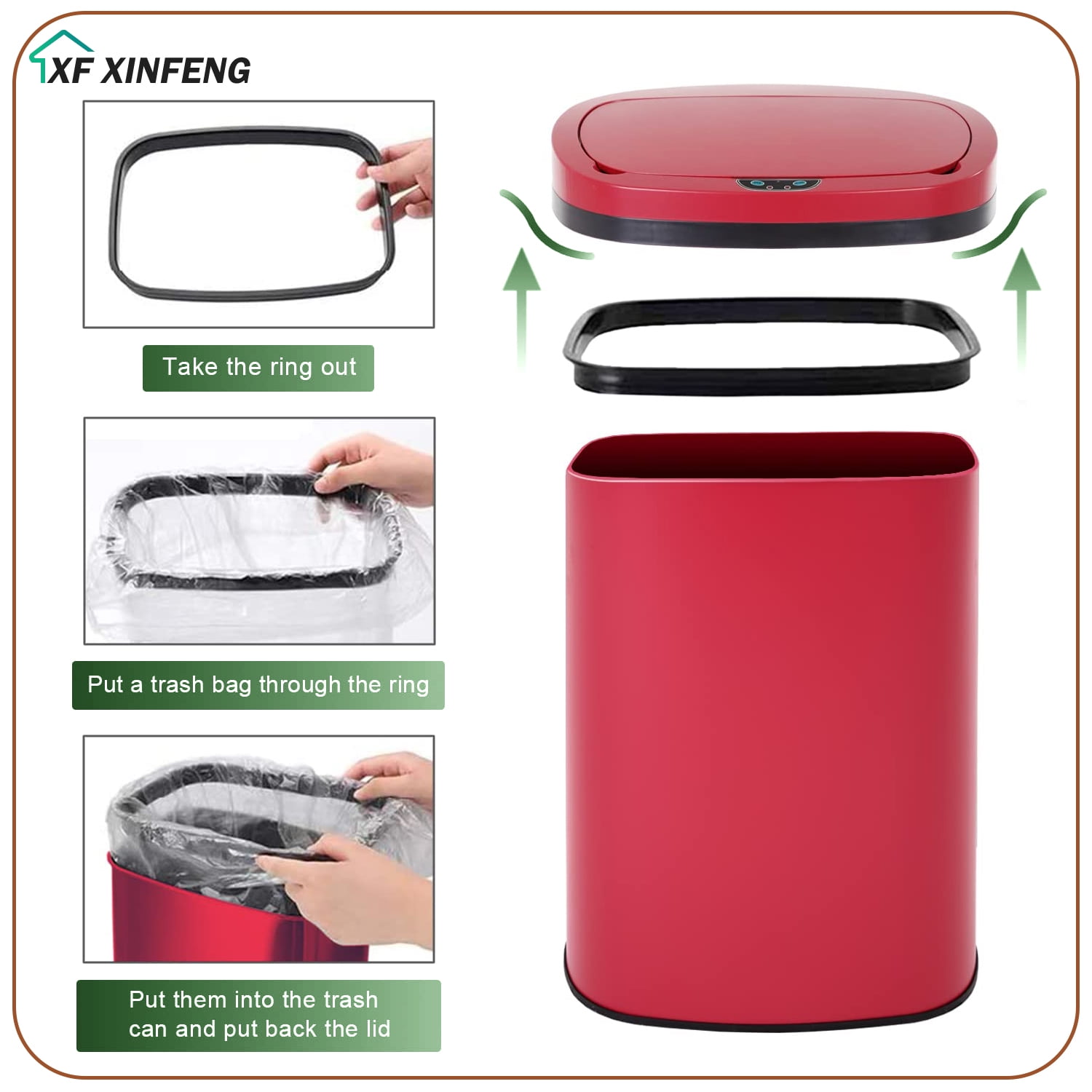 XF XINFENG 13 Gallon Kitchen Trash Can with Lid Stainless Steel Automatic Garbage Can for Bathroom Bedroom Home Office,Red