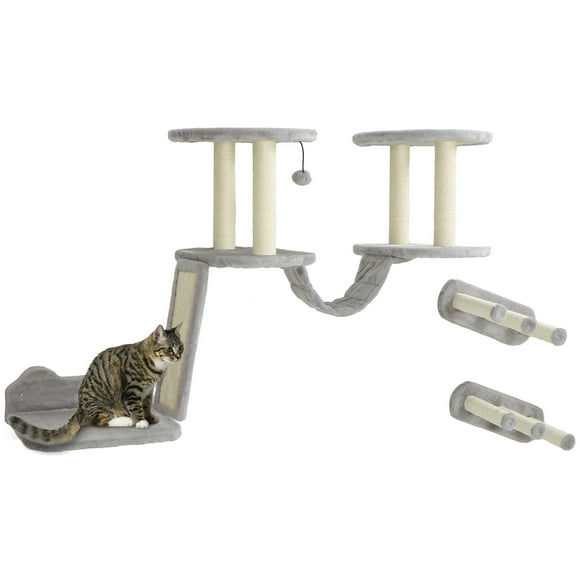PawHut 3PCs Cat Wall Shelves w/ Scratching Post, Perches, Steps, Light Grey