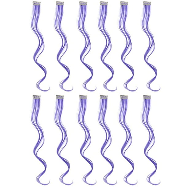 12 Pcs Curly Wavy One Color Party Highlights Clip on in Hair Extensions Colored Hair Streak Synthetic Hairpieces Lavender Purple Walmart