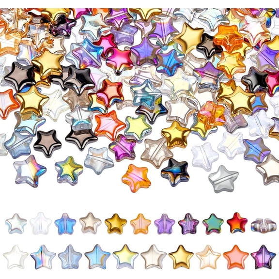 200pcs 10 Colors Glass Star Beads 8mm 10mm Electroplated Beads AB Color Craft Bead Colorful Flat Loose Spacer Beads for DIY Jewelry Bracelet Necklace Earring Making Crafting