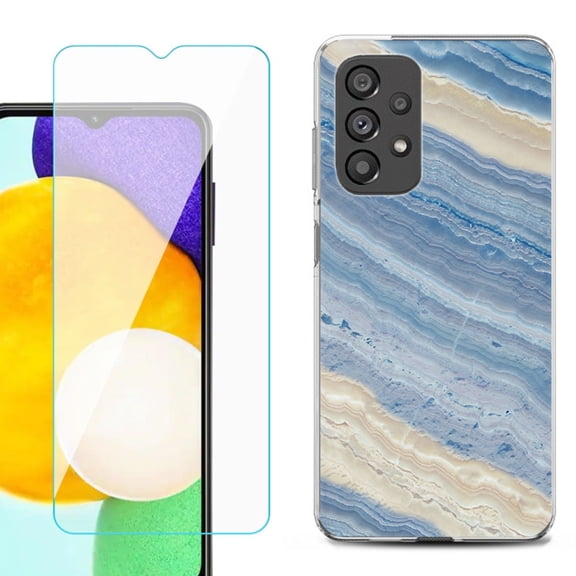 Slim-Fit Gel TPU Phone Case for Samsung Galaxy A23 5G, with Tempered Glass Screen Protector, by OneToughShield ® - Marble/ Marina Blue