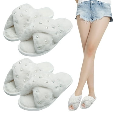 Usavemo 2 Pairs Womens Fuzzy Slippers House Slippers Furry Slippers Open Toe Slippers for Women Size 9-10