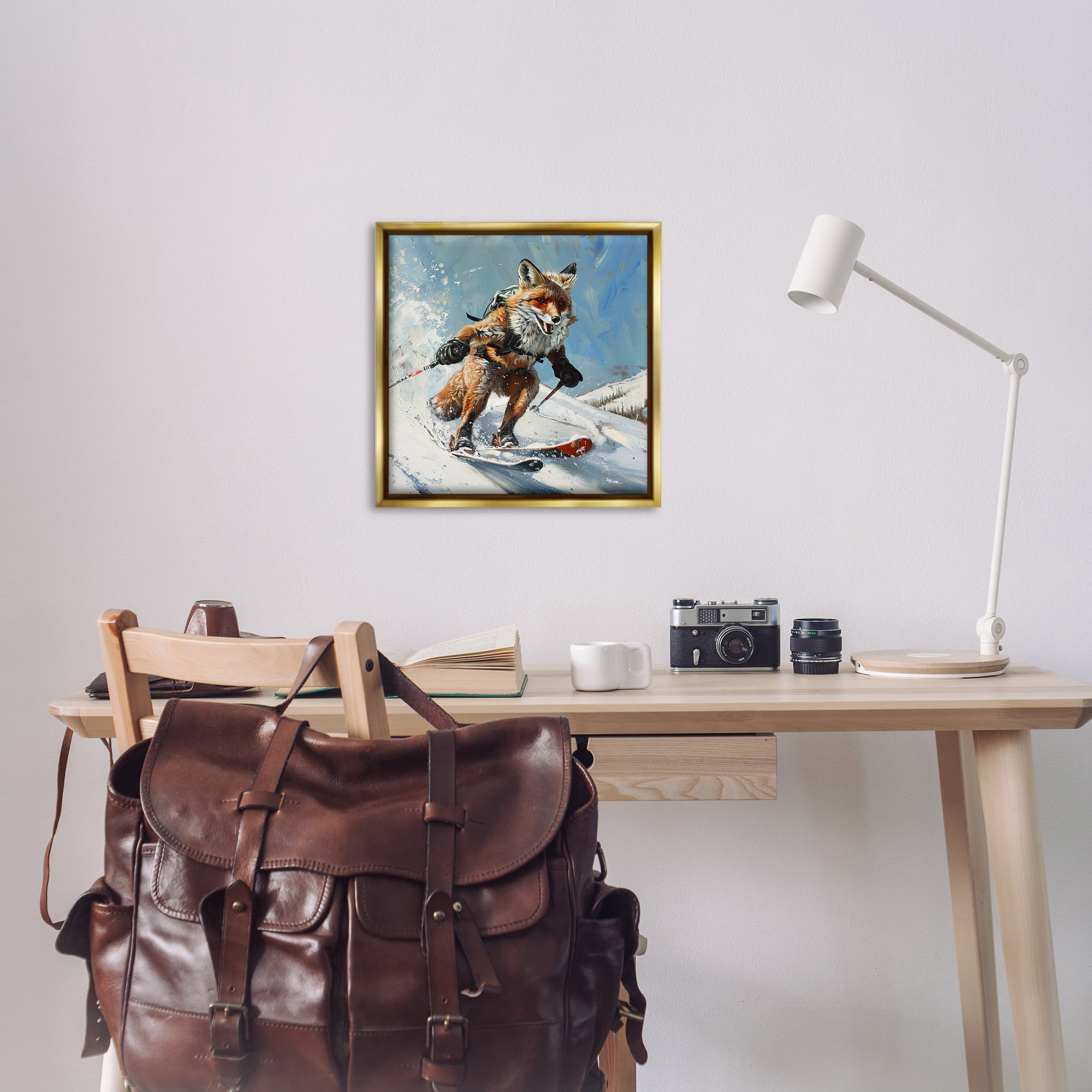 Stupell Industries Skiing Slopes Fox Animals Painting Gold Floater Framed Canvas Art Print Wall Art, 25 x 25