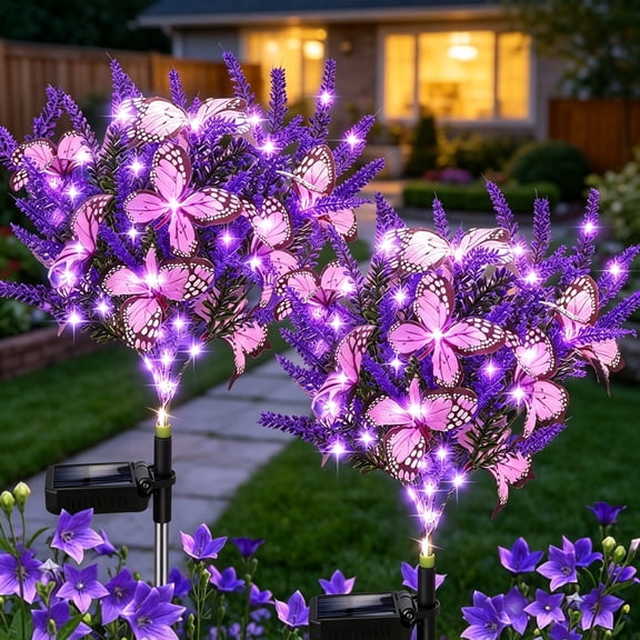 PEUHOP 2 Pack Solar Garden Lights Outdoor, Purple Lavender Butterfly Lights, Waterproof Solar Garden Decor for Lawn, Patio, Yard, Gift for Mom, 26 In