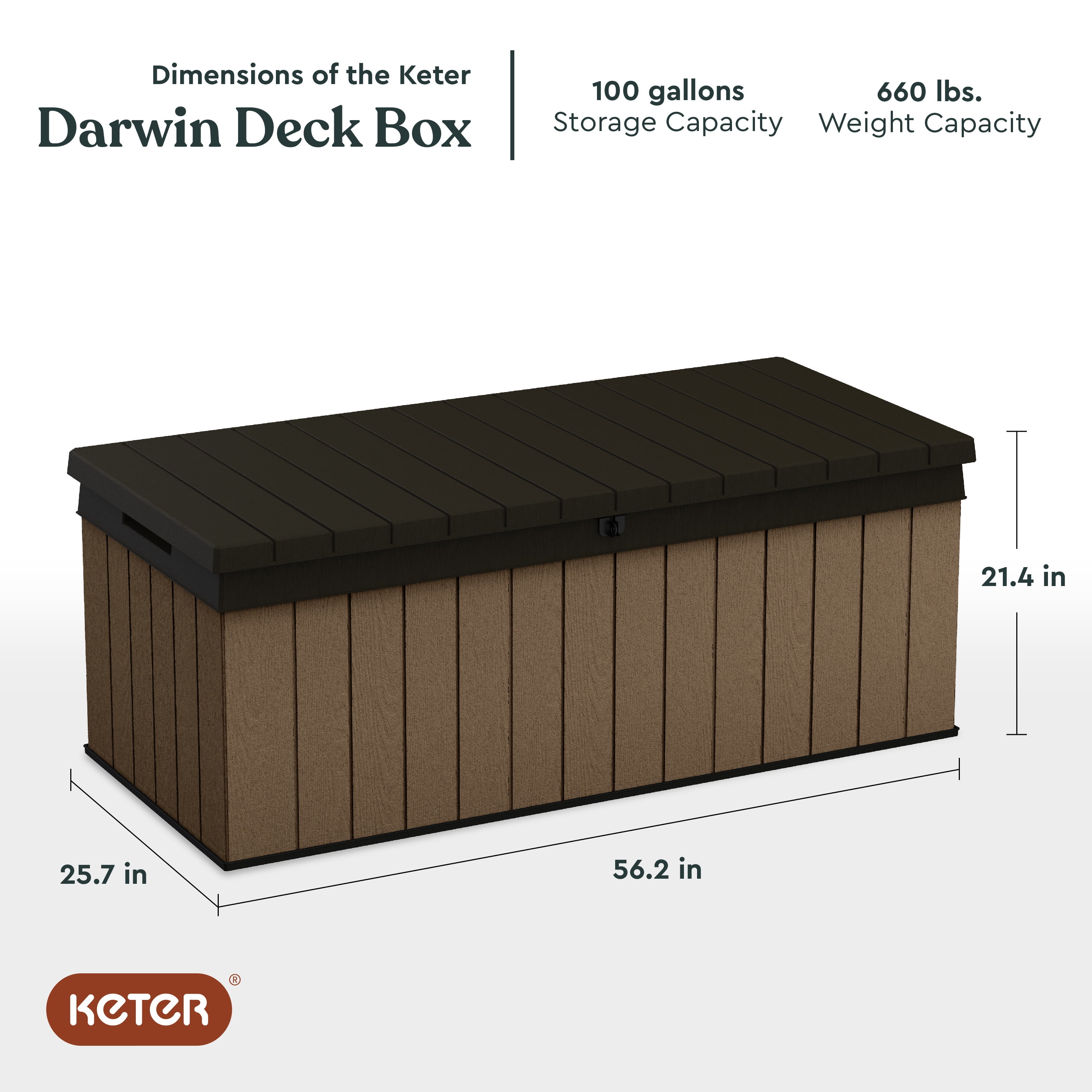 Keter Darwin 100 Gallon Durable Resin Outdoor Deck Box Storage Organization, Brown