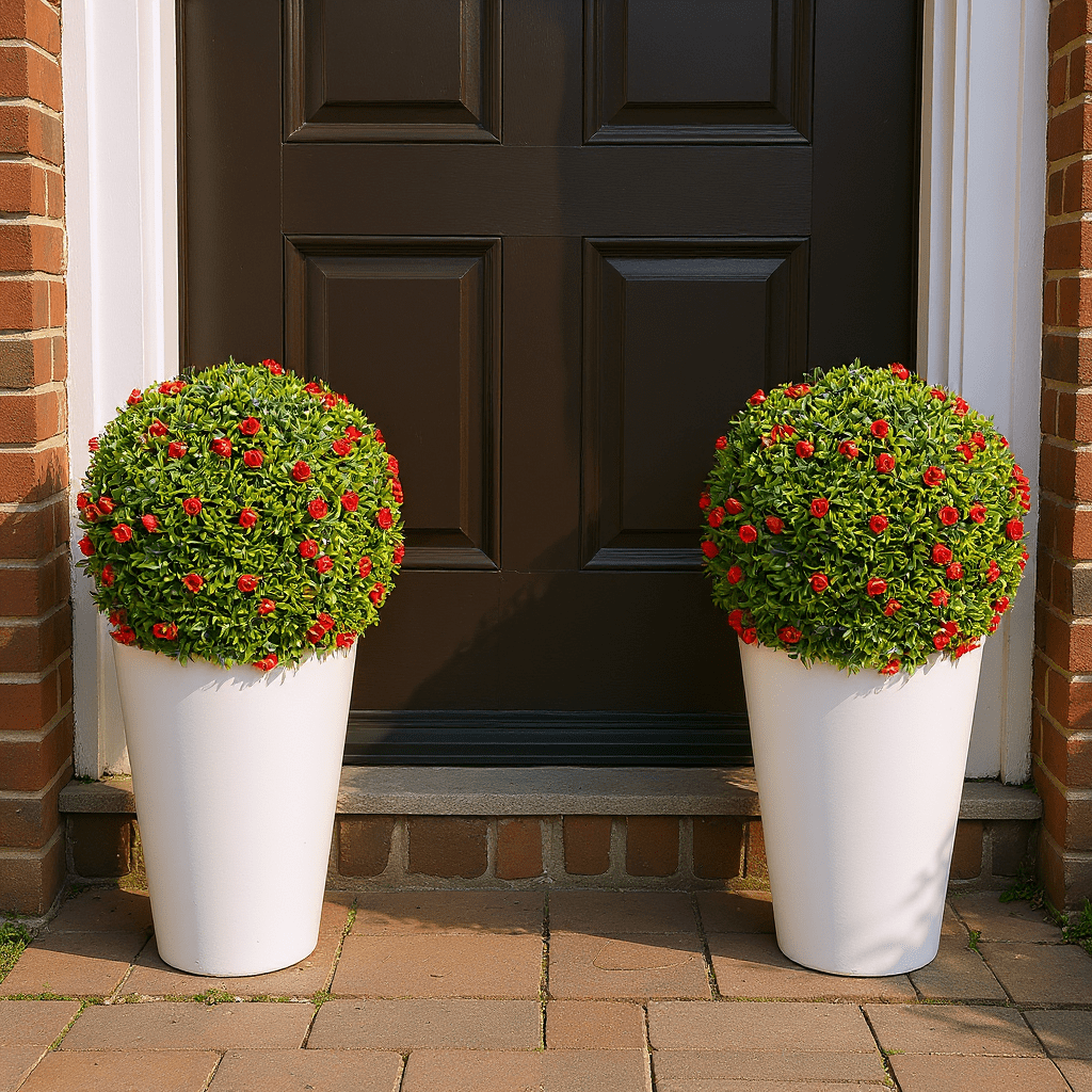 4Pcs Artificial Boxwood Topiary Ball with Flowers - 12.6" Faux Greenery for Outdoor Planters, Porch & Patio Decor