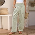 thumbnail image 6 of HKYNLAG Womens Wide Leg Pants Striped Gingham High Waisted Cotton Linen Lounge Pants Casual Comfy Trousers with Pockets Light Green L, 6 of 8