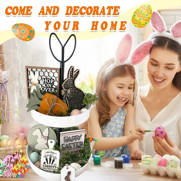 Veeogra Big Sale,Tray Decor,Easter Decor,1 Set of Easter Tiered Tray Decor Easter Table Wooden Sign Decorations Easter Bunny Tray Decor Crucifix T,Easter Ornaments,Grey