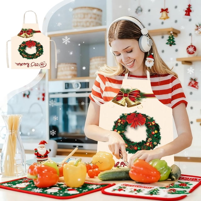 Uuiauoio Festive Holiday Kitchen Apron with Adjustable Ties Full Coverage Polyester Workwear for Cooking Baking Crafting Christmas Themed Protective Apparel for Adults Home Use and Gifting