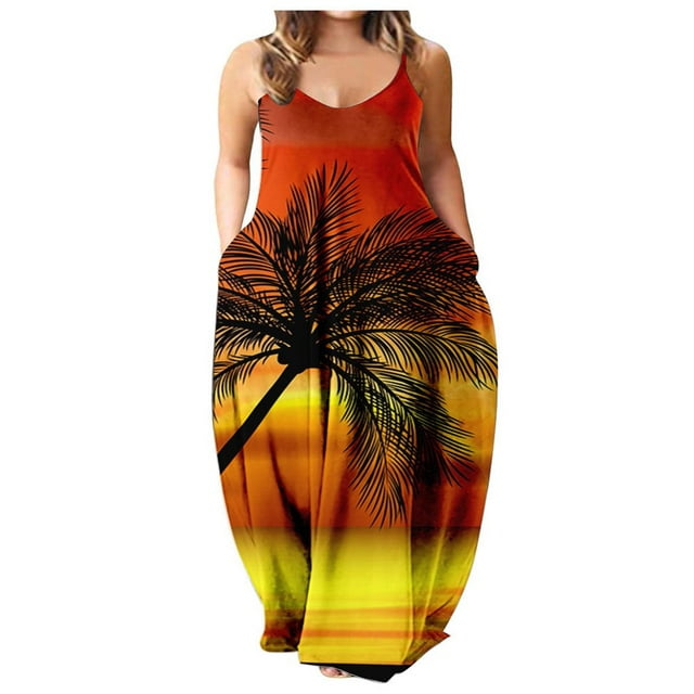 Robe Longue d'Été pour Femme à Col Rond, Imprimée, Sans Manches, Grande Taille, à Enfiler, à Bretelles Spaghetti, Longue Robe Maxi avec Poches