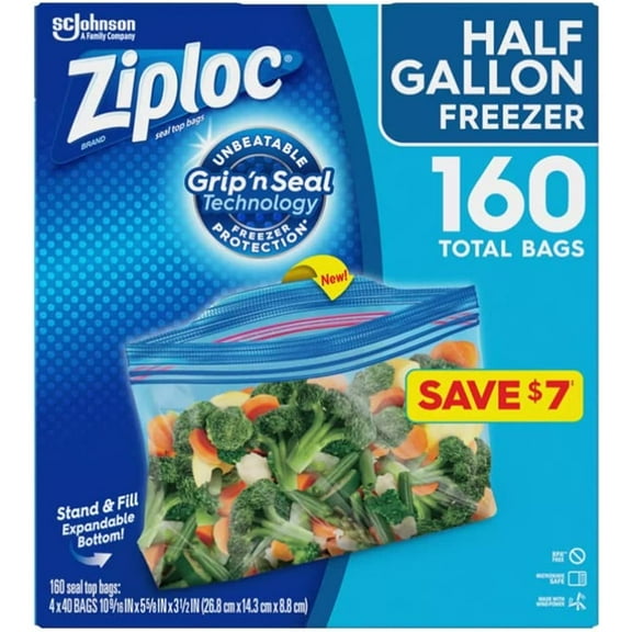 Ziploc Freezer Half Gallon Freezer Grip N Seal Technology Tabs 4 X 40 Bags Netcount 160 Bags, 160Count