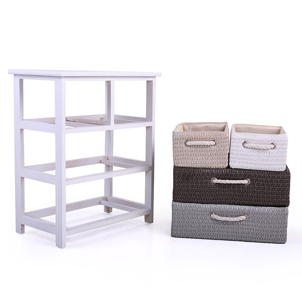 3-Tier Nightstand Wood End Table with 4 Wicker Rattan Drawers Storage Shelf Bedside Table for Home, White 3-Tier Nightstand Wood End Table with 4 Wicker Rattan Drawers Storage Shelf Bedside Table for Home, White