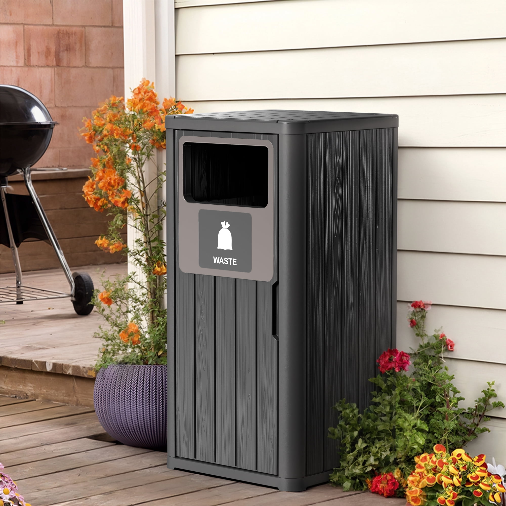 Outdoor Single Barrel Trash Can,Waterproof Resin Garbage Can with Garbage Labels,Durable Waste Bin for Porch, Backyard,Kitchen,for 30 to 39 Gallon Trash Bags（Black，1)