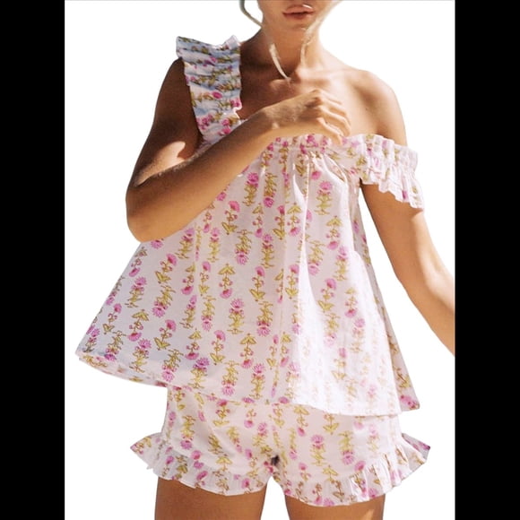 Conjunto de Pijama con Estampado Floral y Pantalones Cortos Casuales para Mujer, Conjunto Casual de Dos Piezas. Flores Rosas Rojas S