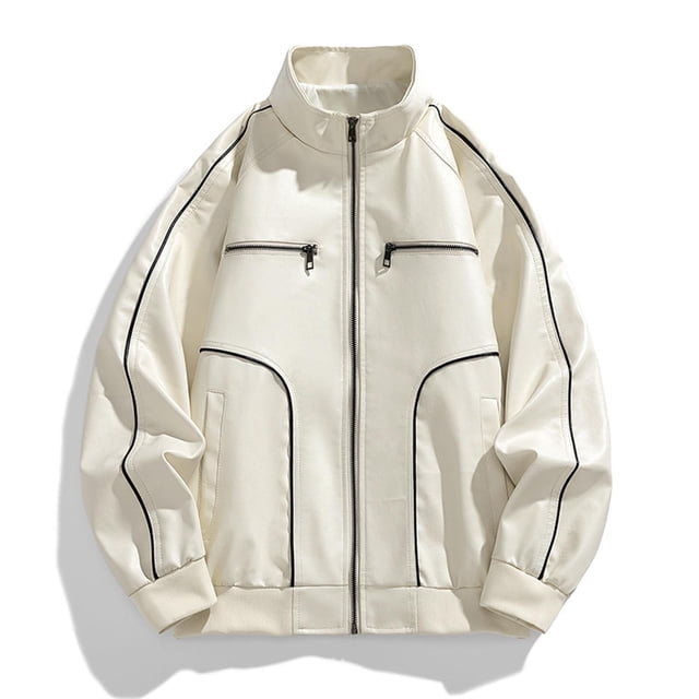 LOVZFMLL Jackets for Men Man Streak Solid Color Pockets Zipper Lapel Leather Coat