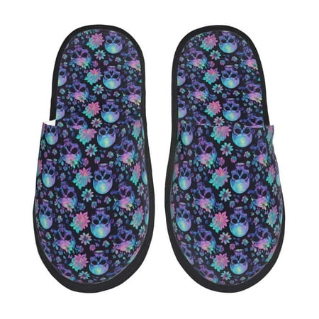 Balery Flower Blue Skull Slient Indoor Furry Fleece Comfort House Shoes Soft Non-Slip Home Shoes Cotton slippers House Slippers-- Large