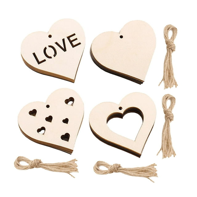 40 piezas de rodajas de madera de corazón para manualidades, adornos de madera en con cuerda, adornos de corazón para cumpleaños, decoración de