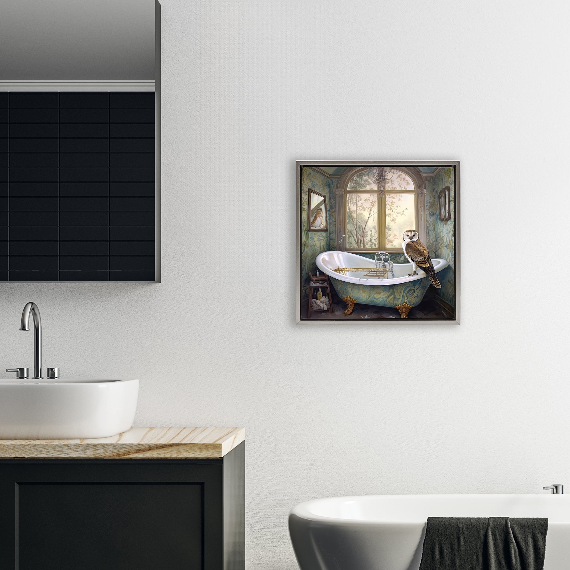 Paisley Patterned Owl Bathtime Gray Framed Floater Canvas Wall Art, design by Sasha
