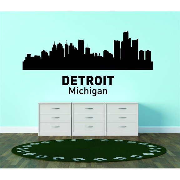 Vinyl Wall Quote Decals for Home - Detroit Michigan United States Major City Geoal Map Landmark Stylish Wall Sticker for Easy Home Decoration - Size: 13 In x 28 In