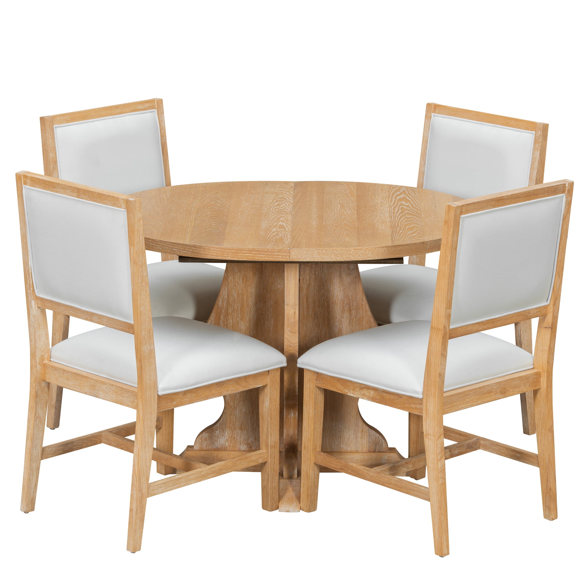 Euroco 5-Piece Round Dining Table Set for 4, 58" Extendable Kitchen Table with 4 Upholstered Chairs,Solid Wood Dining Set for Small Space,Natural