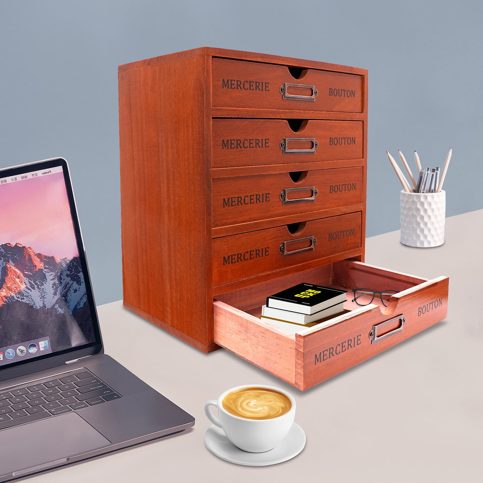 Peakora 5-Drawer Wooden Desk Organizer Pine Wood Storage Drawers Vintage Shelf Drawer Desktop Organizer with Drawers Retro Style Storage Box Desktop Storage for Office Study Bedroom, Dresser