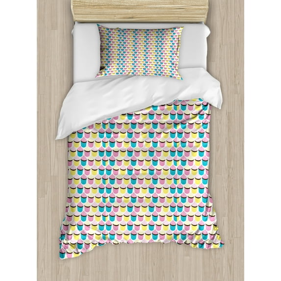 Dessert Duvet Cover Set Twin Size, Colorful Cupcakes Creamy and Tasty Sweets, Decorative 2 Piece Bedding Set with 1 Pillow Sham, Pink Blue Yellow, by Ambesonne